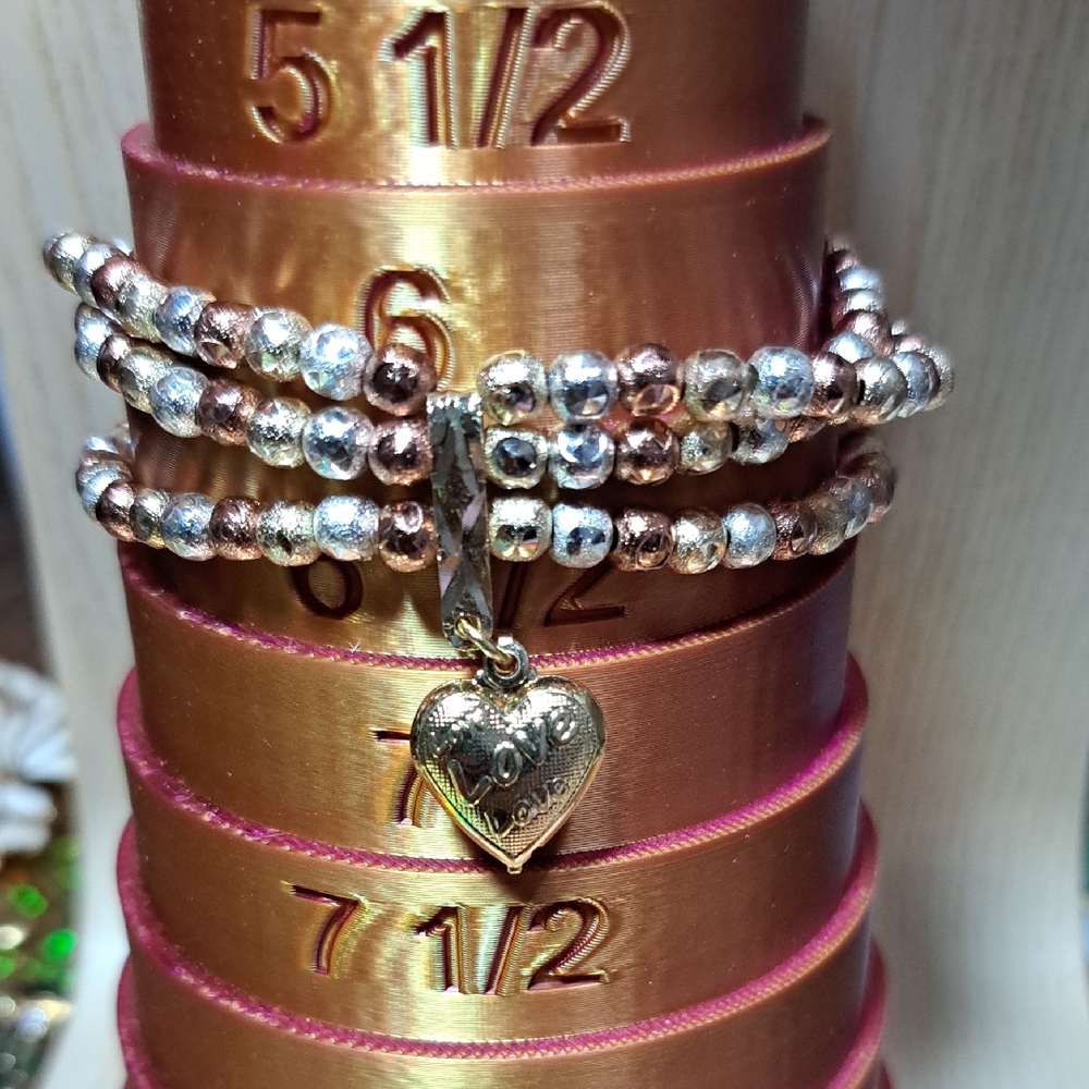 Rose Gold ,Silver And Gold Matte Beaded Heart Charm Bracelet